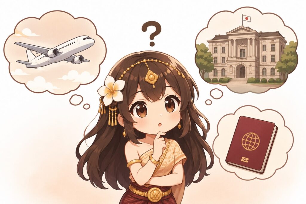 短期滞在ビザの疑問を持つ女性のイラスト