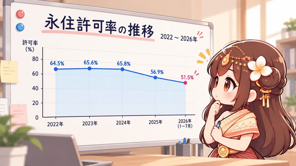 永住許可率グラフを眺めるアン子さん